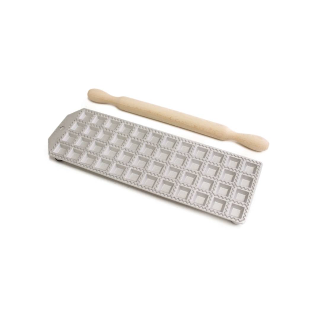 Stampo Per Ravioli Quadrato Da 48 Pezzi - In Alluminio Con Mattarello Legno, 1,6x1,6 Cm