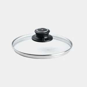 Our glass lid, designed for Swiss Diamond Saucepans, ensures a quality fit with its stainless steel lip. The heat-tempered glass allows easy monitoring, and the adjustable vent prevents boil-overs. Oven-safe up to 500°F. Note: Allow cooling before washing; avoid immersing a hot lid in cold water.