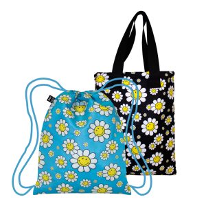Zainetto/Borsa reversibile "Smiley - Flowers Black & Aquarius" Recycled cm 34x43,5