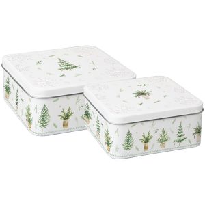 Scatole Quadrate in Latta Porta Biscotti "Festive Holidays Green" - cm 20x20x8,5 e 22x22x8 (2 pz)